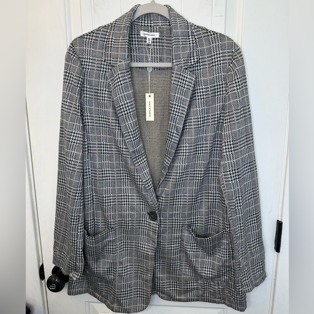 NWT Max Studio Glen Plaid Double Knit Blazer Gray XL